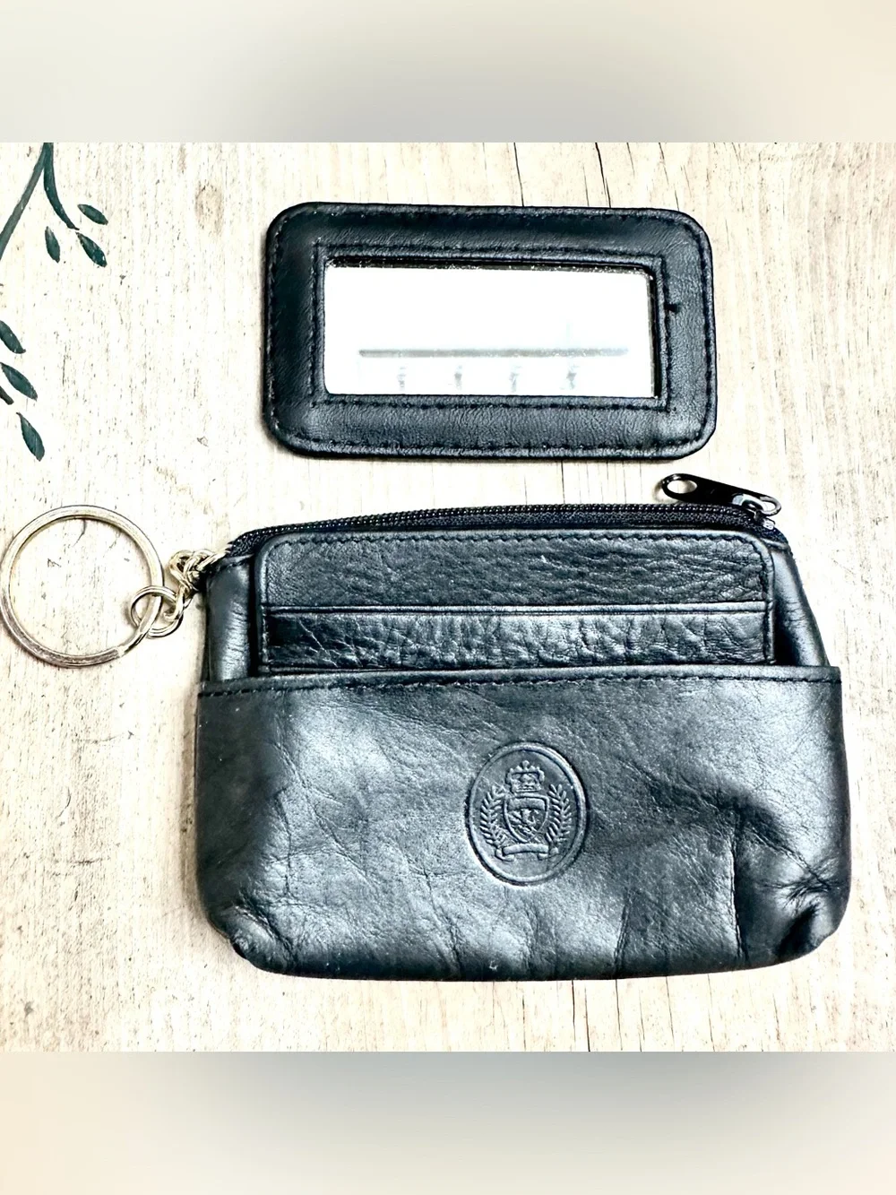 Black Leather Key Wallet Coin Pouch with Gold Keyring